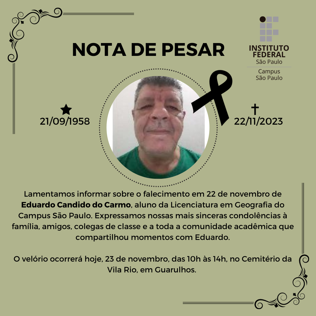 É com enorme pesar que comunicamos o falecimento do professor Paulo Sérgio de Carvalho docente da subárea de Química do Campus São Paulo. O falecimento ocorreu hoje 24 de outubro no período da 